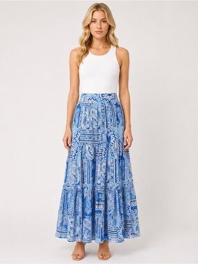 Sheike Australia Blue Mosaic Print Maxi Boho Skirt Pockets Size AU 12 or US 8